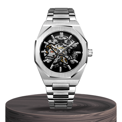 Luca | Intricate Skeleton Movement Bold Brushed Steel Watch | 42mm